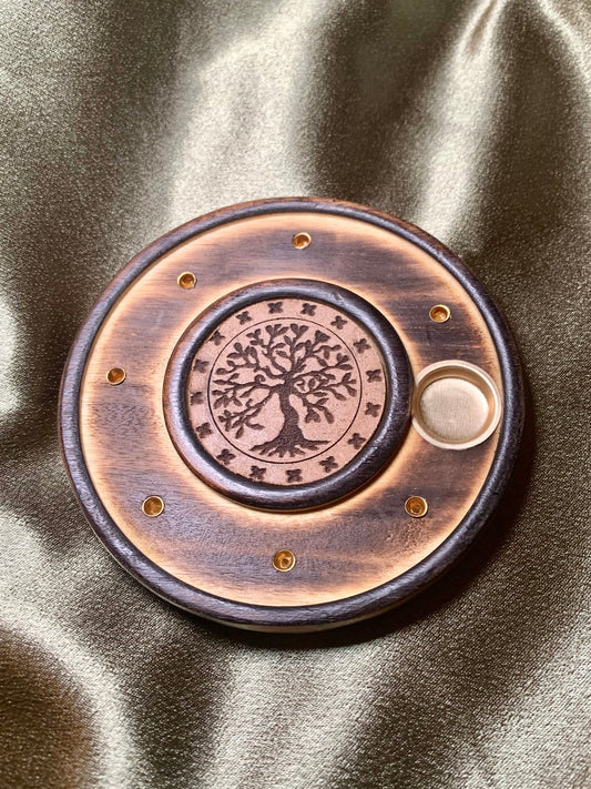 Wooden Round Incense + Cone Holder (Tree of Life)